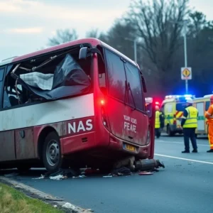 Aftermath of a road collision in San Antonio with a transport bus and emergency responders.