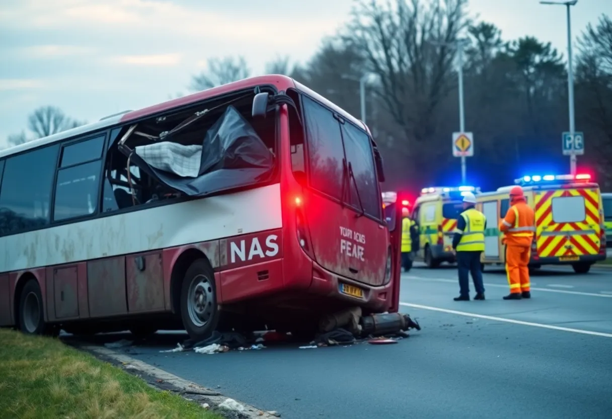 Aftermath of a road collision in San Antonio with a transport bus and emergency responders.