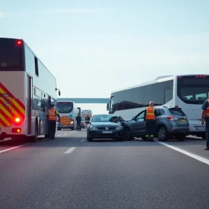 Emergency responders at the scene of a tragic traffic accident involving a bus and a car.