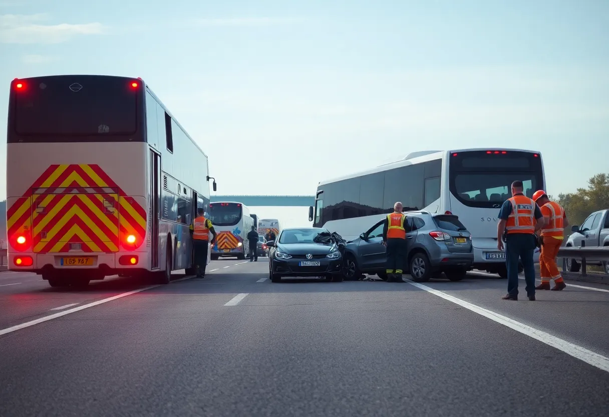 Emergency responders at the scene of a tragic traffic accident involving a bus and a car.