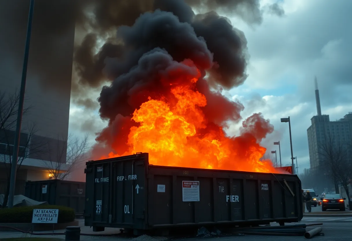 Firefighters extinguishing a large dumpster fire in San Antonio
