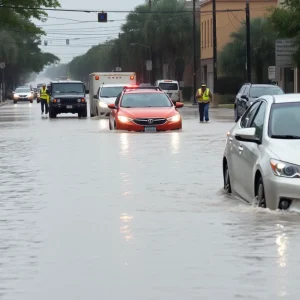 Flooded street in San Antonio during severe thunderstorm