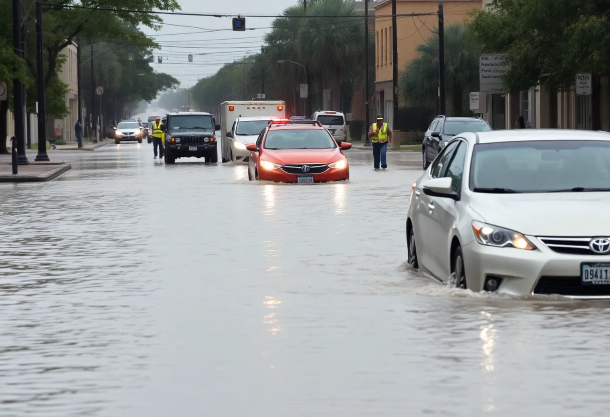 Flooded street in San Antonio during severe thunderstorm