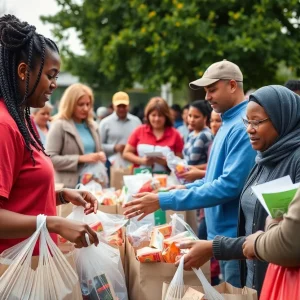 Volunteers distributing food and supplies at a San Antonio Food Bank event post-floods.