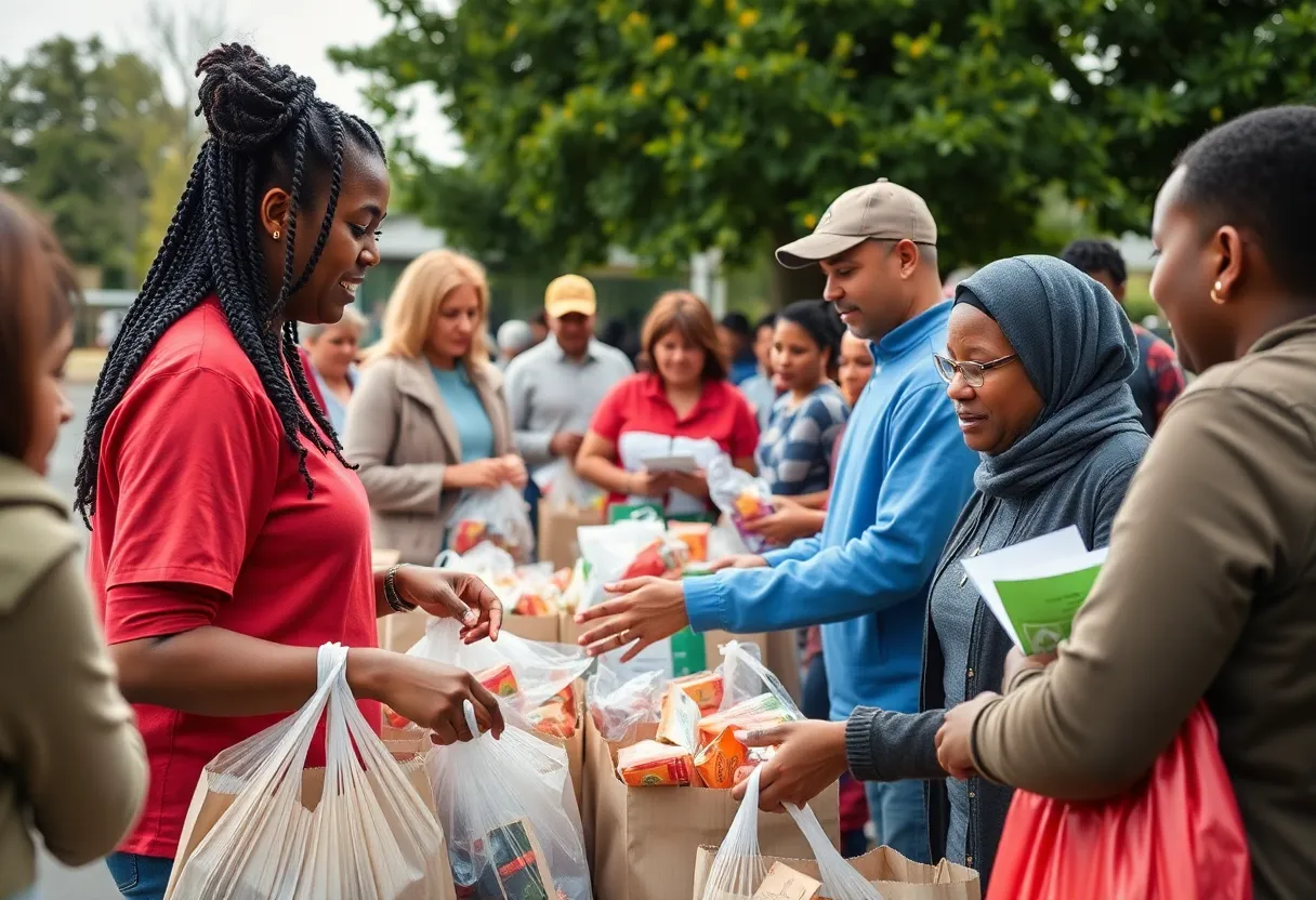 Volunteers distributing food and supplies at a San Antonio Food Bank event post-floods.