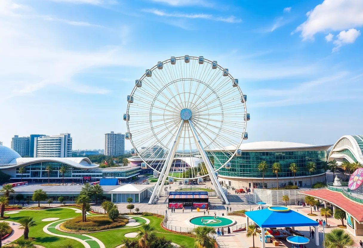 Rendering of the San Antonio Grandisimo observation wheel with a mini-golf course