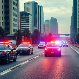 Police vehicles on a highway during a high-speed chase.