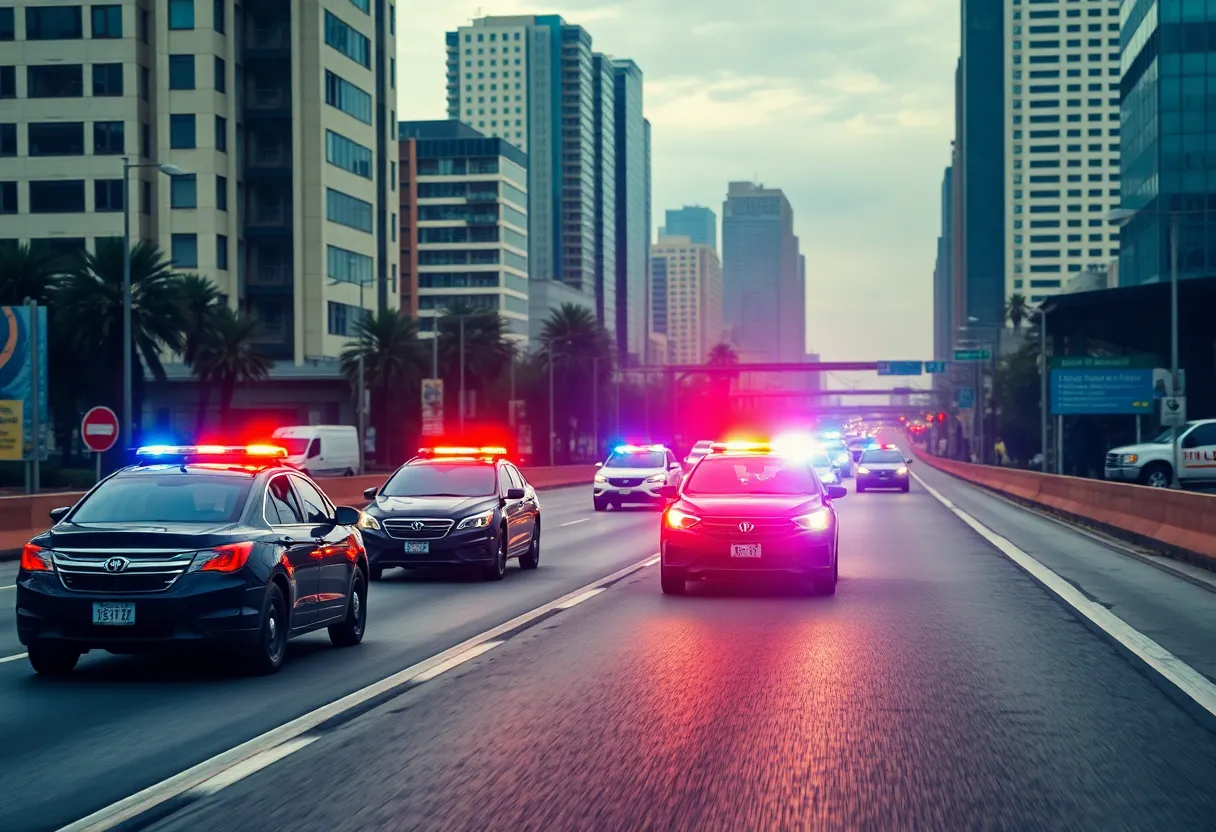 Police vehicles on a highway during a high-speed chase.