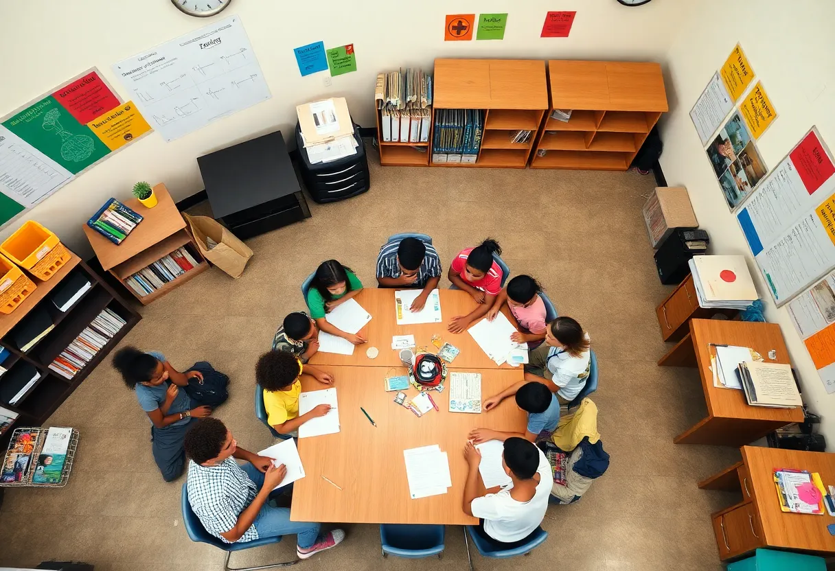 A diverse group of middle school students at a public school in San Antonio engaged in classroom activities.