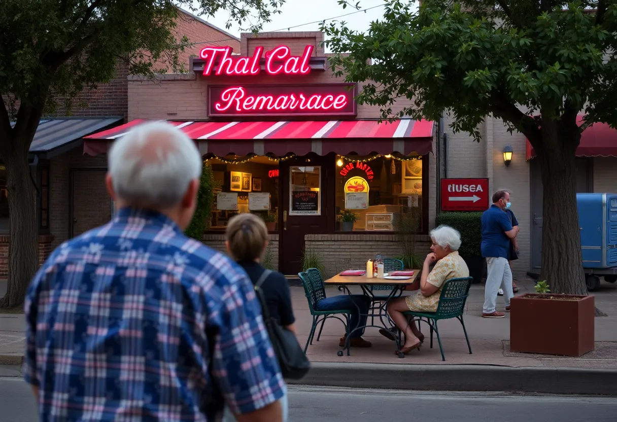 A peaceful neighborhood in San Antonio with a focus on a restaurant representing local culture.