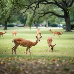 Serene park scene in San Antonio with deer grazing
