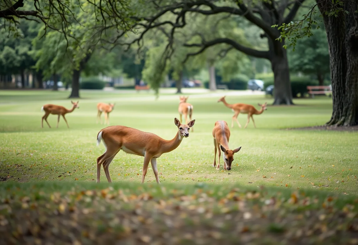 Serene park scene in San Antonio with deer grazing