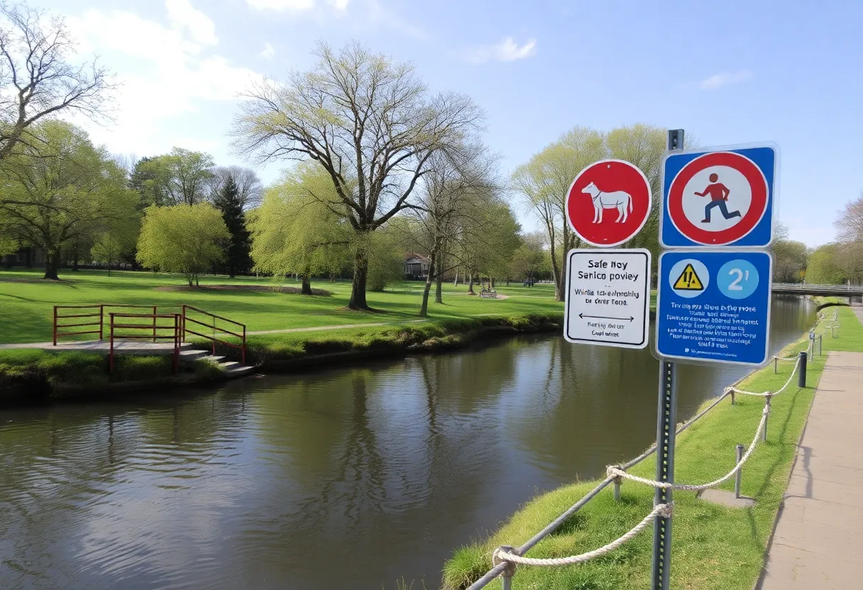 View of a river with parkland, depicting safety issues in the area.