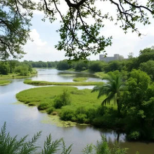 The San Antonio River surrounded by greenery