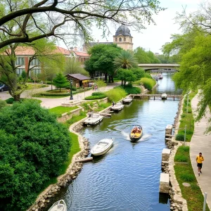 View of the San Antonio River Walk with lush greenery and pathways.