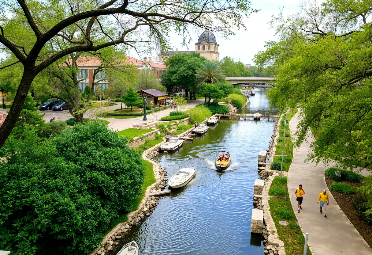View of the San Antonio River Walk with lush greenery and pathways.
