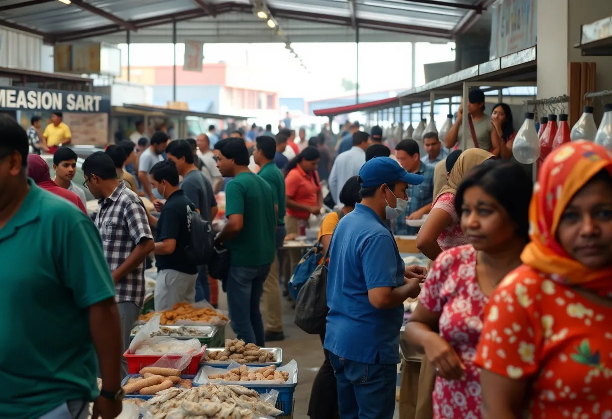 Diverse community members at a seafood market in San Antonio