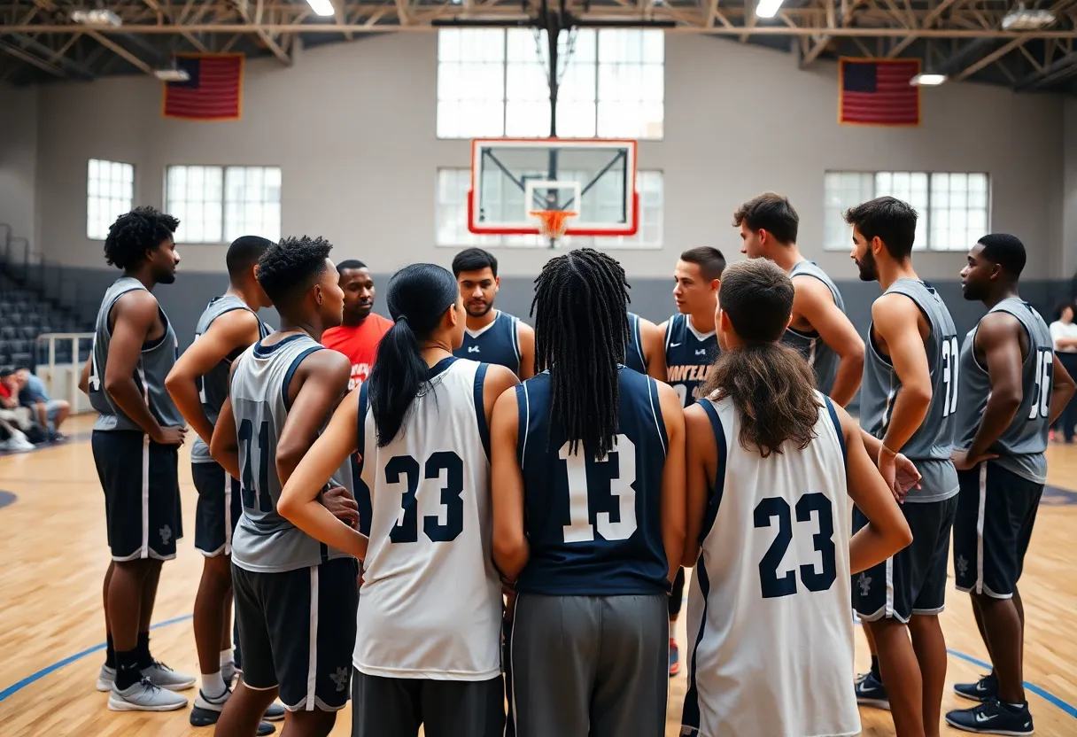Players in a huddle strategizing during a basketball game