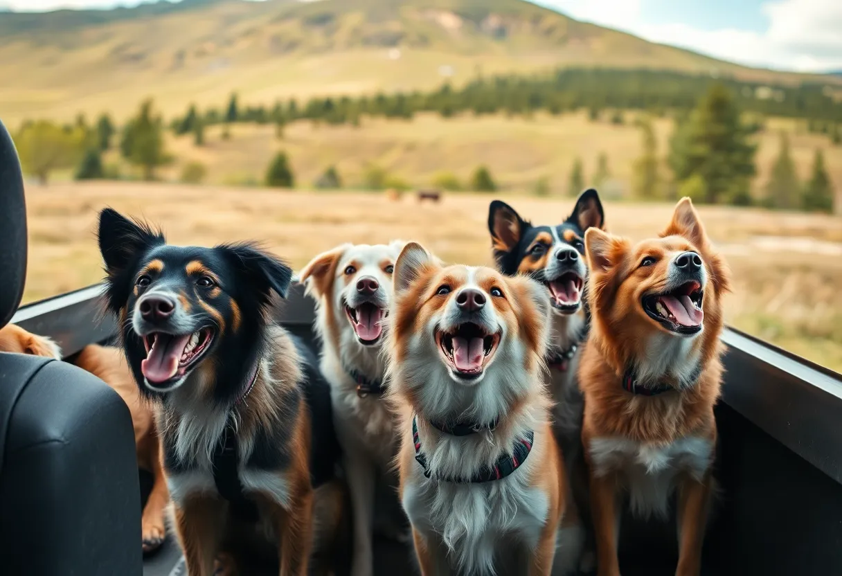 Dogs on a transport journey enjoying a scenic view
