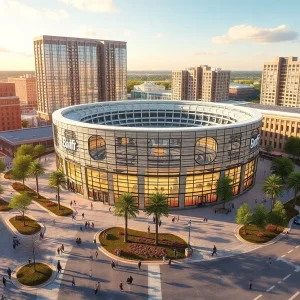 Visionary rendering of the new San Antonio Spurs arena and community facilities.
