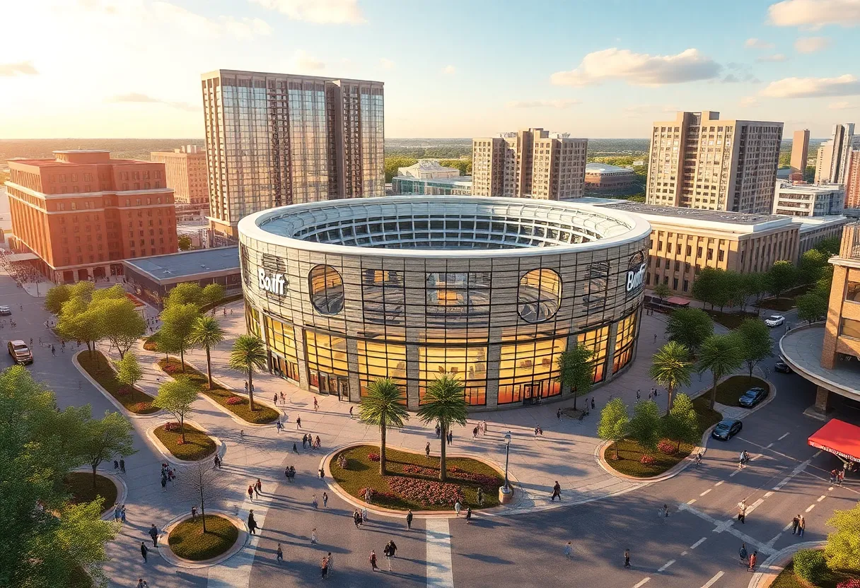 Visionary rendering of the new San Antonio Spurs arena and community facilities.