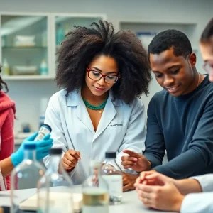 Diverse students collaborating in a laboratory setting.
