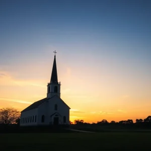 A sunset over a church representing faith