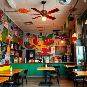 Colorful interior of Tacos On The Street restaurant in San Antonio