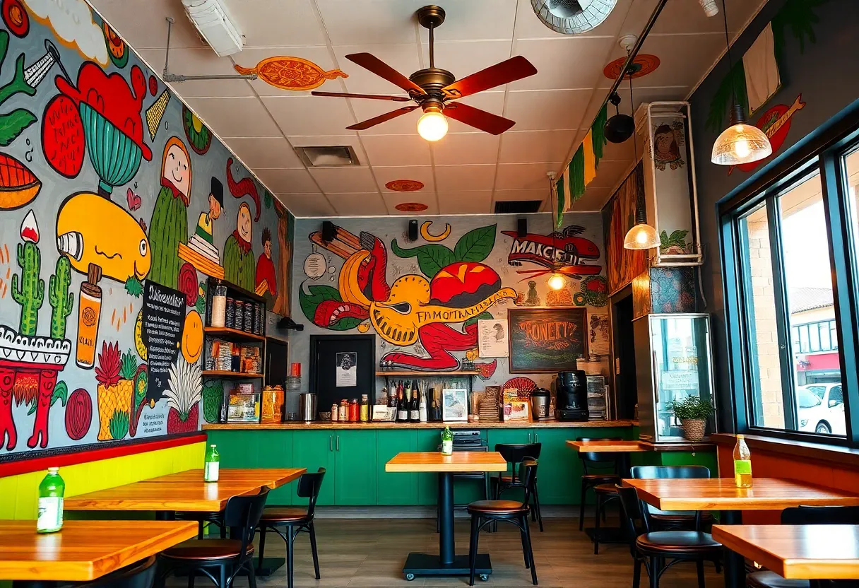 Colorful interior of Tacos On The Street restaurant in San Antonio