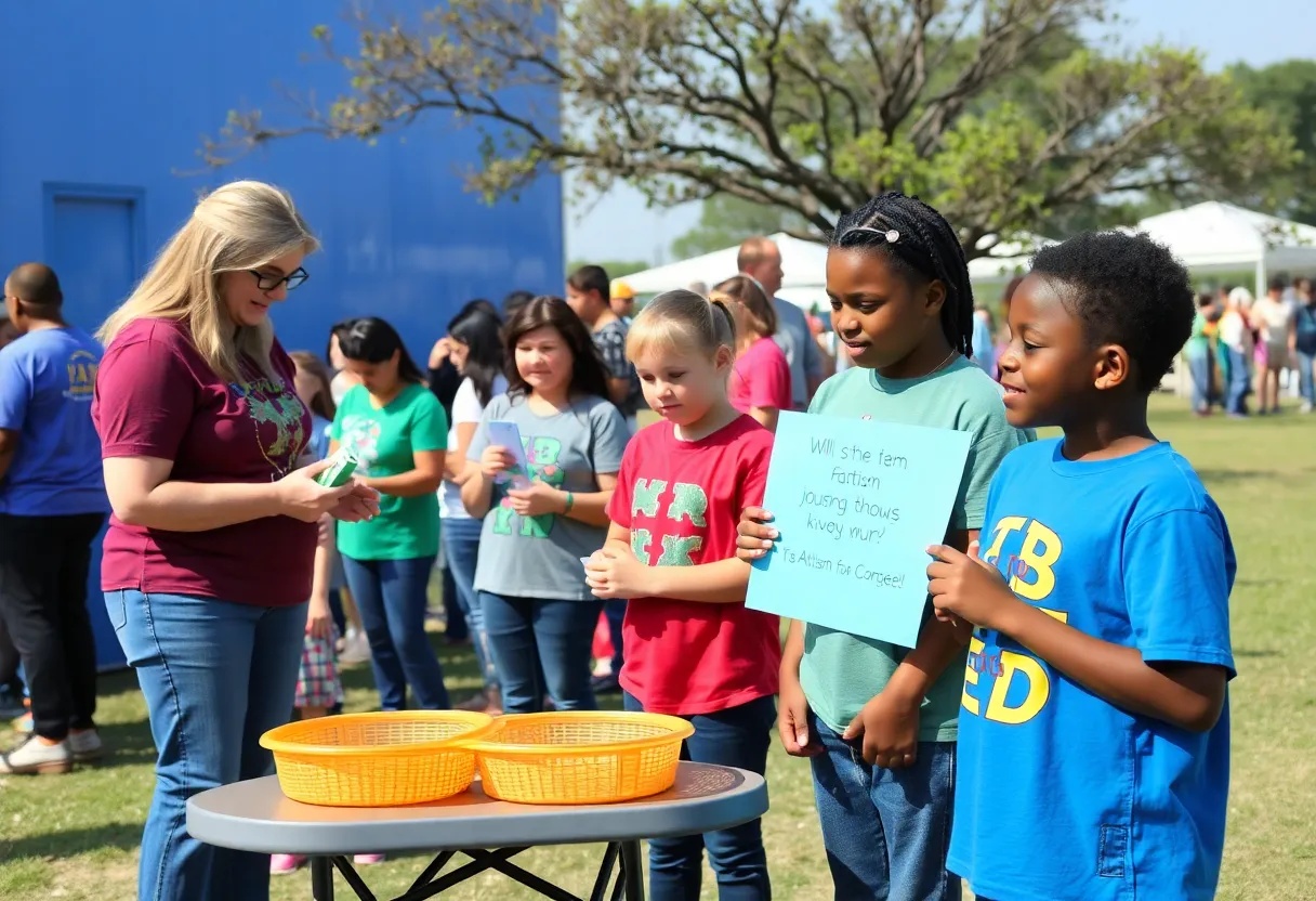 Community members engaging in autism awareness activities in Texas.