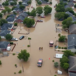 Aerial image of Texas neighborhoods affected by flash floods