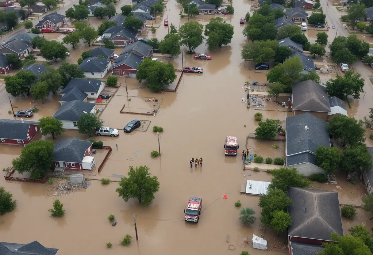 Aerial image of Texas neighborhoods affected by flash floods