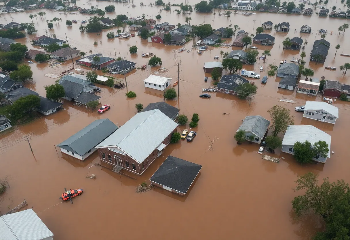 Aerial view of Texas flash floods showing submerged houses and rescue operations.