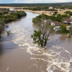 Overview of flooded Texas Hill Country area with trees and buildings affected