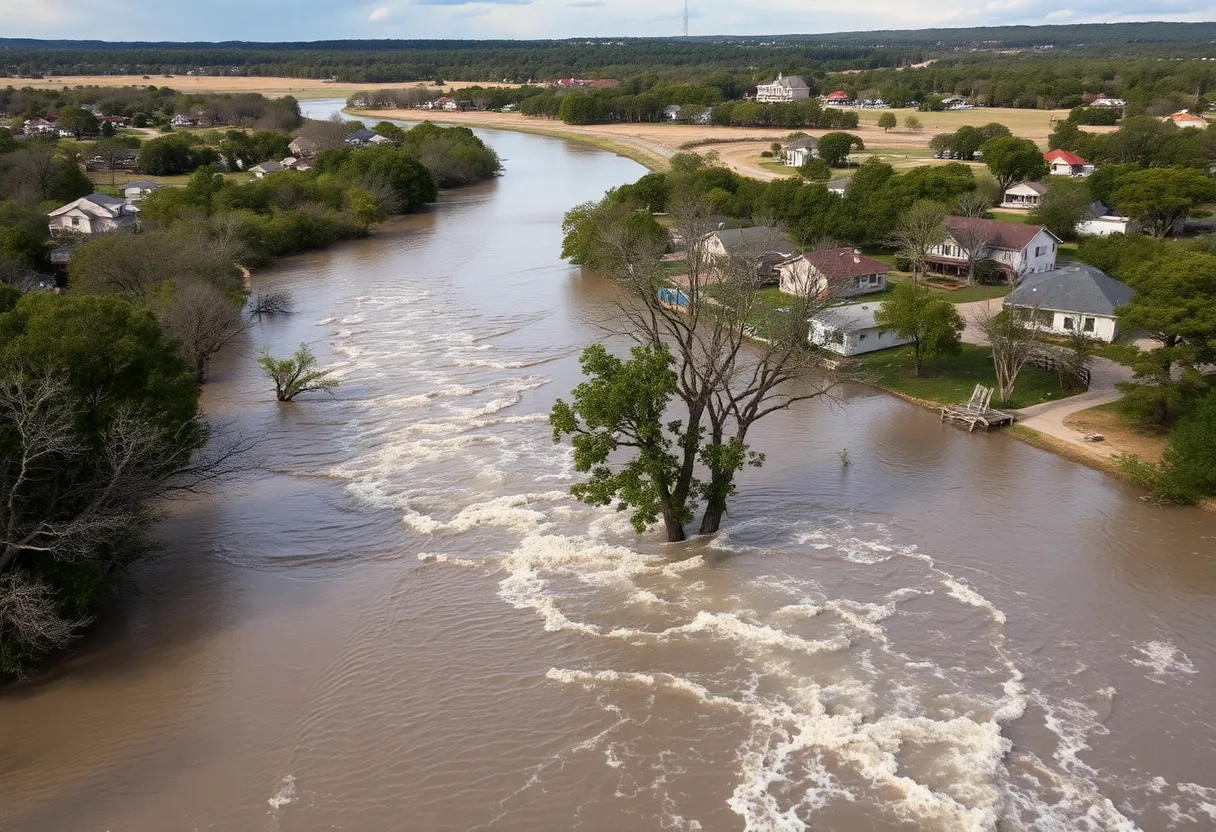 Overview of flooded Texas Hill Country area with trees and buildings affected