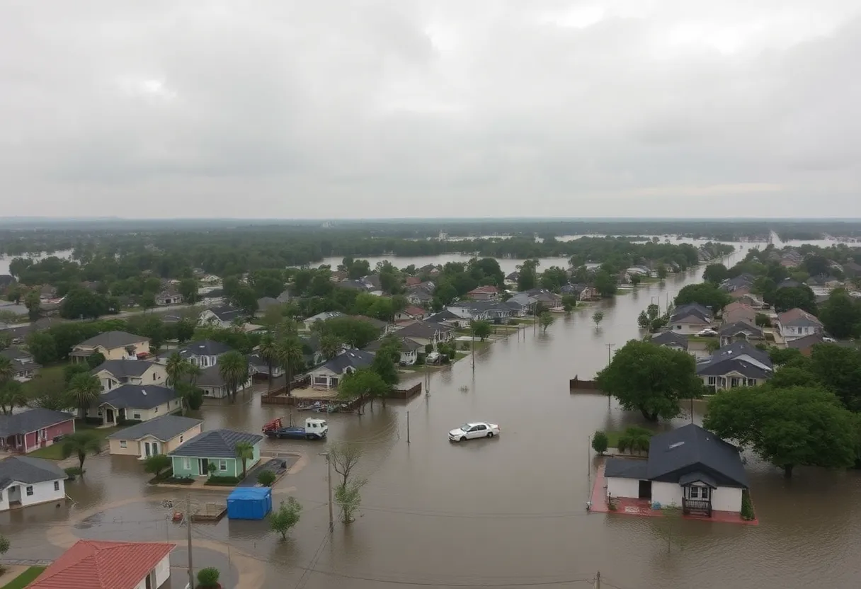 Aerial view of flooding in Texas with submerged homes