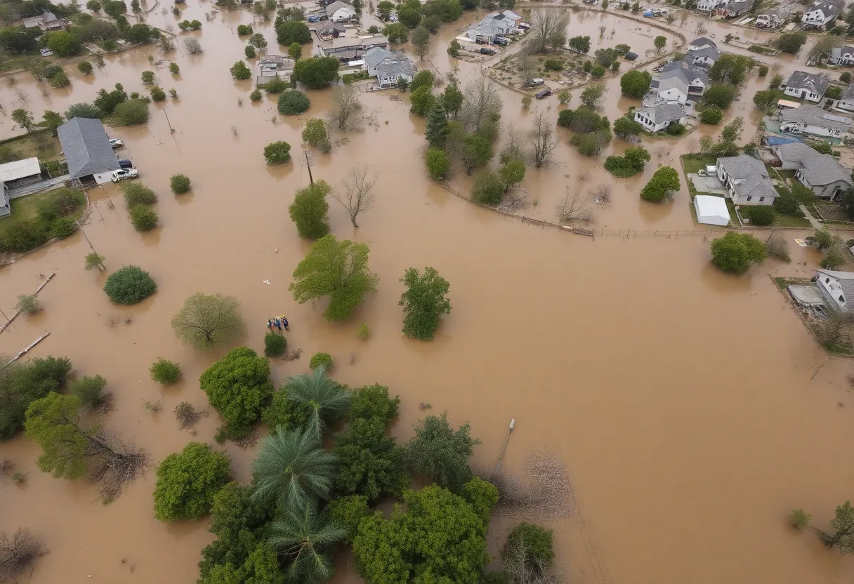 Aerial view of flooding in Texas Hill Country with visible damage and emergency responders