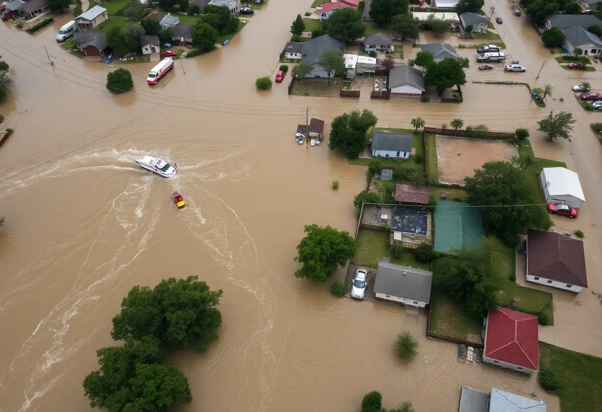 Aerial view of flooding in Texas Hill Country with emergency responders