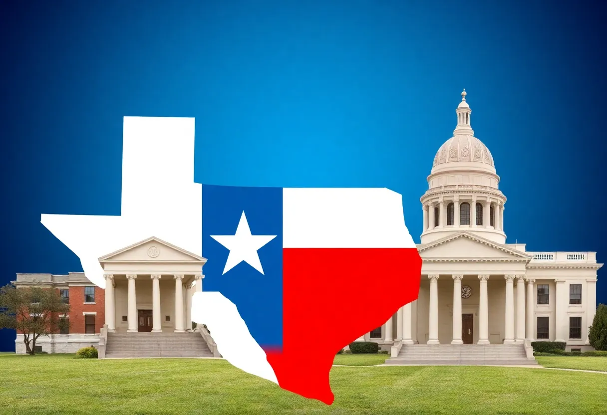 Symbolic representation of the Texas K-12 education environment with legislative elements.