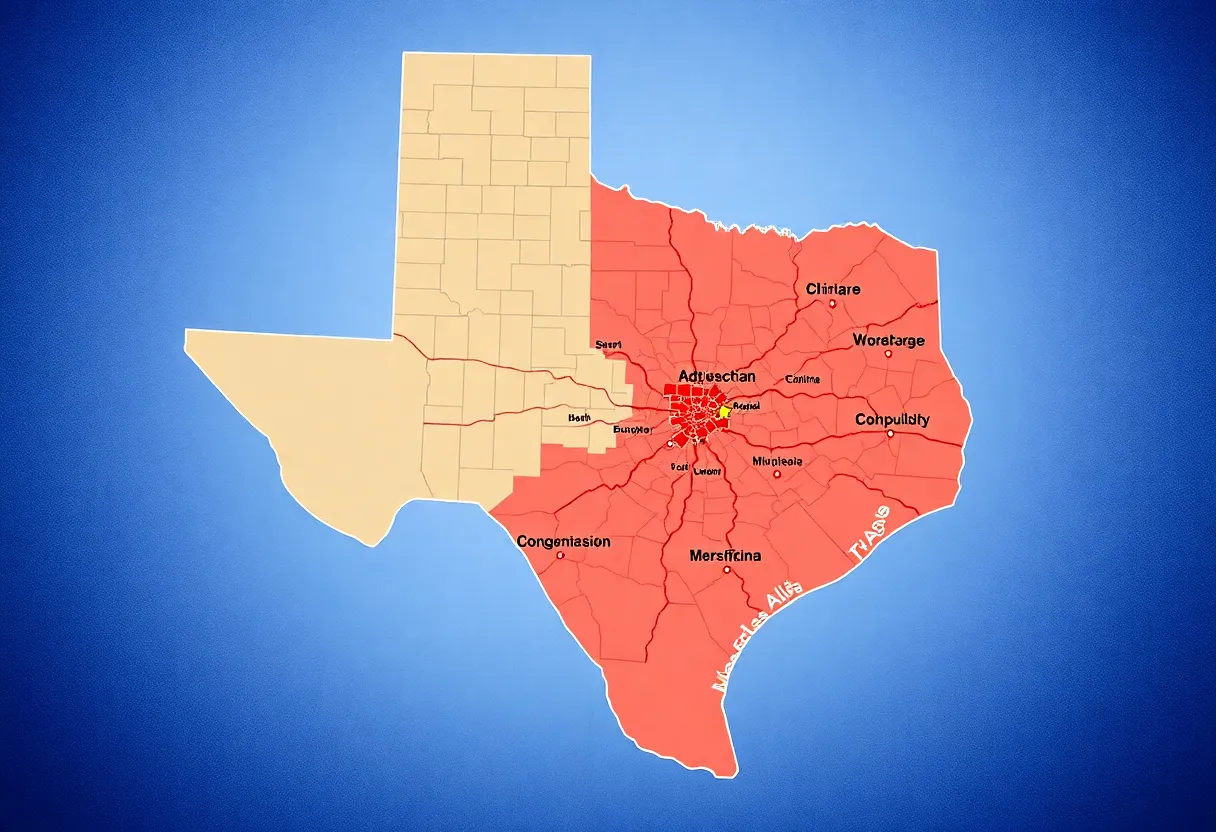 Illustration of Texas congressional redistricting and political maps.