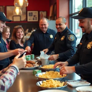 Law enforcement officers serving food for a fundraising event