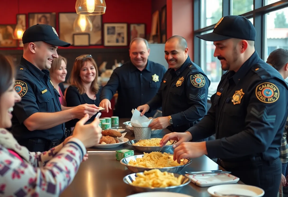 Law enforcement officers serving food for a fundraising event