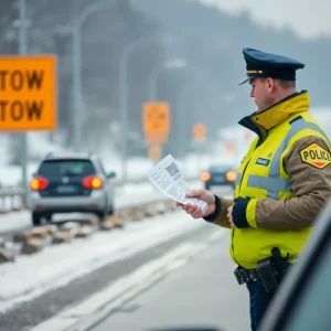 A police officer enforcing speed limits on a highway during winter weather.