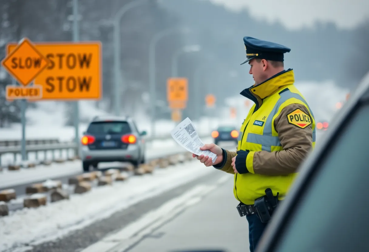 A police officer enforcing speed limits on a highway during winter weather.