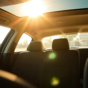 Empty child car seat inside a parked car under the sun