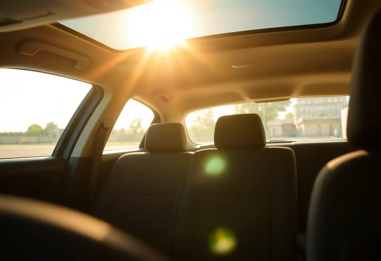 Empty child car seat inside a parked car under the sun