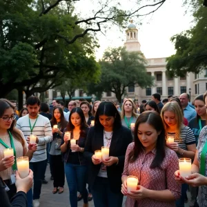 Gathering of university students and staff in San Antonio honoring flood victims.
