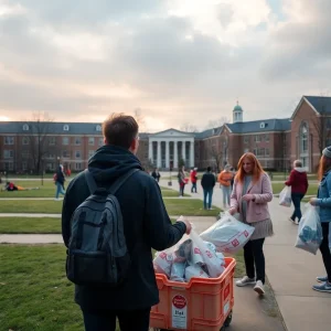 People assisting in flood relief efforts at a university campus
