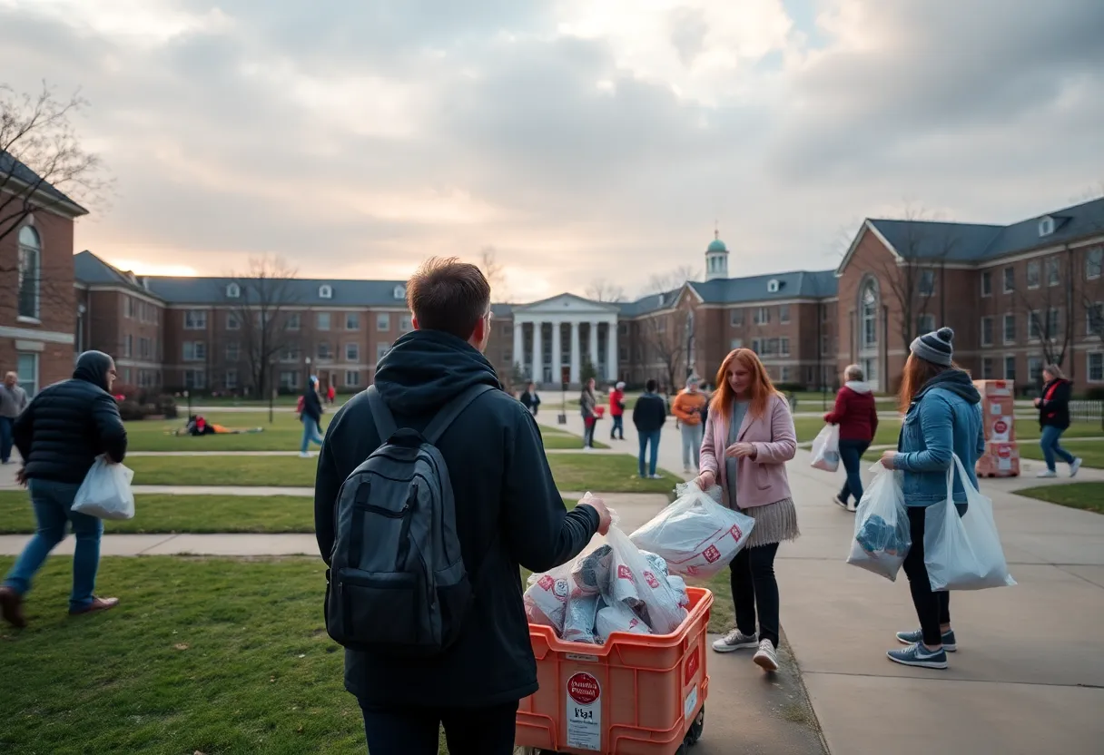 People assisting in flood relief efforts at a university campus