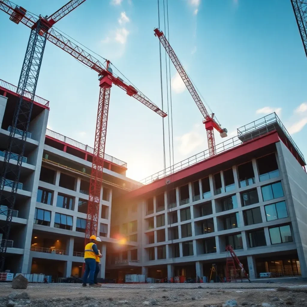 Construction site of University Health Palo Alto Hospital with final steel beam being placed.